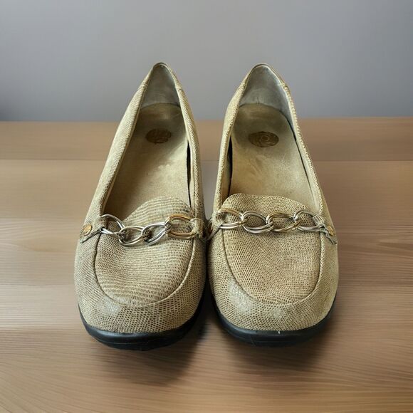VIONIC ALDA Orthaheel Beige Shimmer Lizard Print Metal Chain Loafers Size 10 - Picture 1 of 5